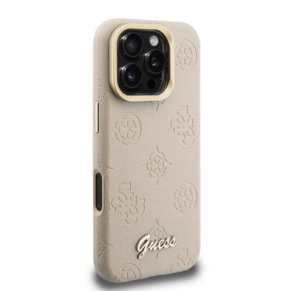 iPhone 16 Pro Max Kılıf Guess Orjinal Lisanslı M-safe Şarj Özellikli Sıcak Baskılı Yazı Logolu Kamera Standlı PU Deri Peony Kılıf