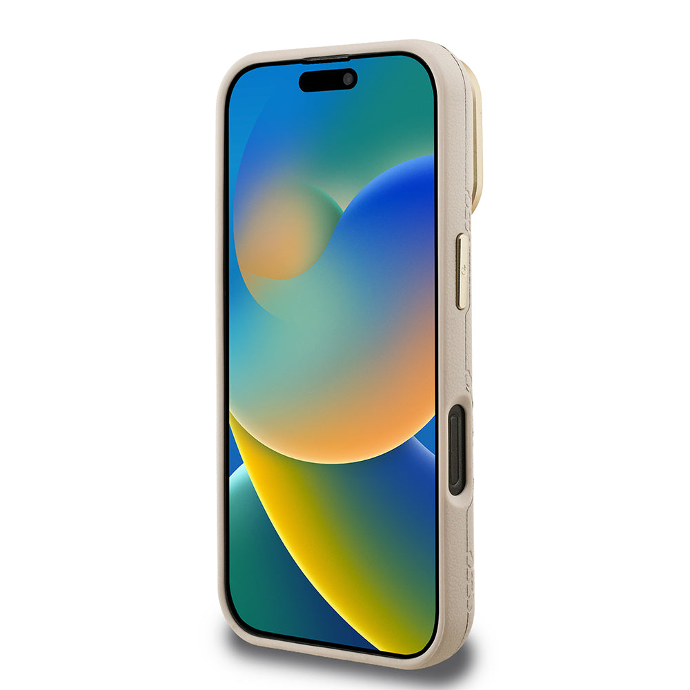 iPhone 16 Pro Max Kılıf Guess Orjinal Lisanslı M-safe Şarj Özellikli Sıcak Baskılı Yazı Logolu Kamera Standlı PU Deri Peony Kılıf