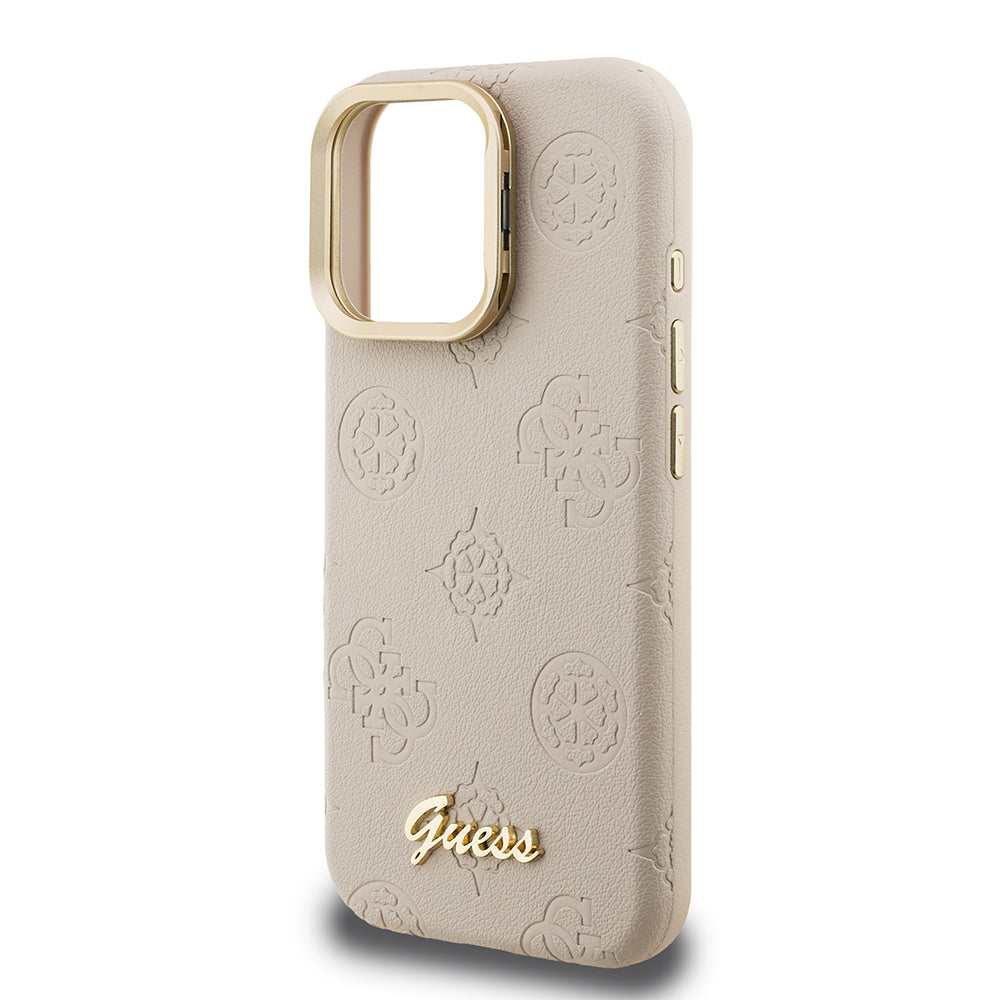 iPhone 16 Pro Max Kılıf Guess Orjinal Lisanslı M-safe Şarj Özellikli Sıcak Baskılı Yazı Logolu Kamera Standlı PU Deri Peony Kılıf