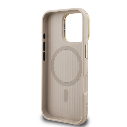 iPhone 16 Pro Max Kılıf Guess Orjinal Lisanslı M-safe Şarj Özellikli Sıcak Baskılı Yazı Logolu Kamera Standlı PU Deri Peony Kılıf