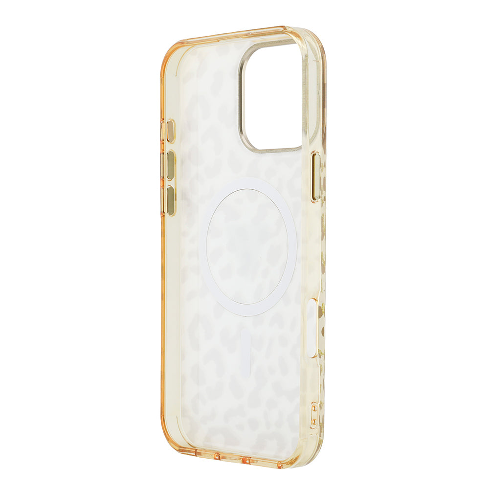 Apple iPhone 16 Pro Max Kılıf Guess Orjinal Lisanslı M-safe Şarj Özellikli Üçgen Logolu Simli Leopar Desenli Kapak