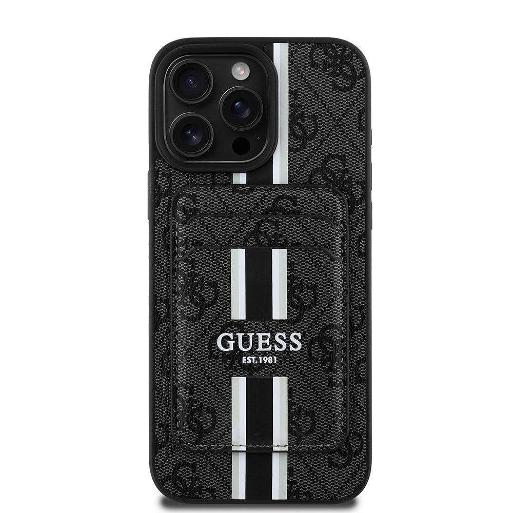 Apple iPhone 16 Pro Max Kılıf Guess Orjinal Lisanslı Magsafe Şarj Özellikli 4G Desenli Çizgili Kartlıklı Kapak Kahverengi