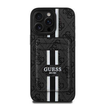 Apple iPhone 16 Pro Max Kılıf Guess Orjinal Lisanslı Magsafe Şarj Özellikli 4G Desenli Çizgili Kartlıklı Kapak Kahverengi