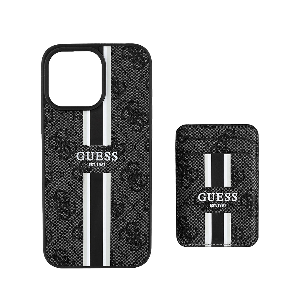 Apple iPhone 16 Pro Max Kılıf Guess Orjinal Lisanslı Magsafe Şarj Özellikli 4G Desenli Çizgili Kartlıklı Kapak Kahverengi