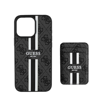 Apple iPhone 16 Pro Max Kılıf Guess Orjinal Lisanslı Magsafe Şarj Özellikli 4G Desenli Çizgili Kartlıklı Kapak Siyah