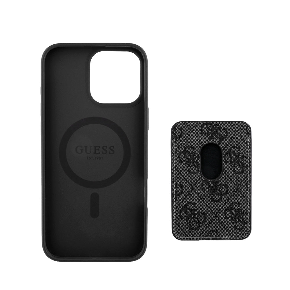 Apple iPhone 16 Pro Max Kılıf Guess Orjinal Lisanslı Magsafe Şarj Özellikli 4G Desenli Çizgili Kartlıklı Kapak Siyah