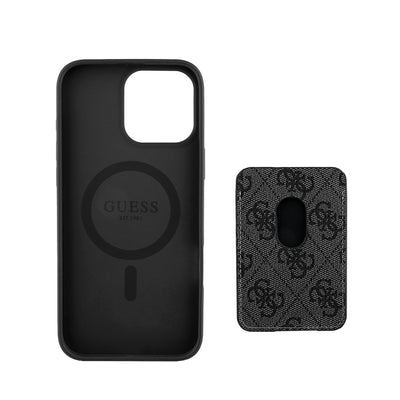 Apple iPhone 16 Pro Max Kılıf Guess Orjinal Lisanslı Magsafe Şarj Özellikli 4G Desenli Çizgili Kartlıklı Kapak Siyah