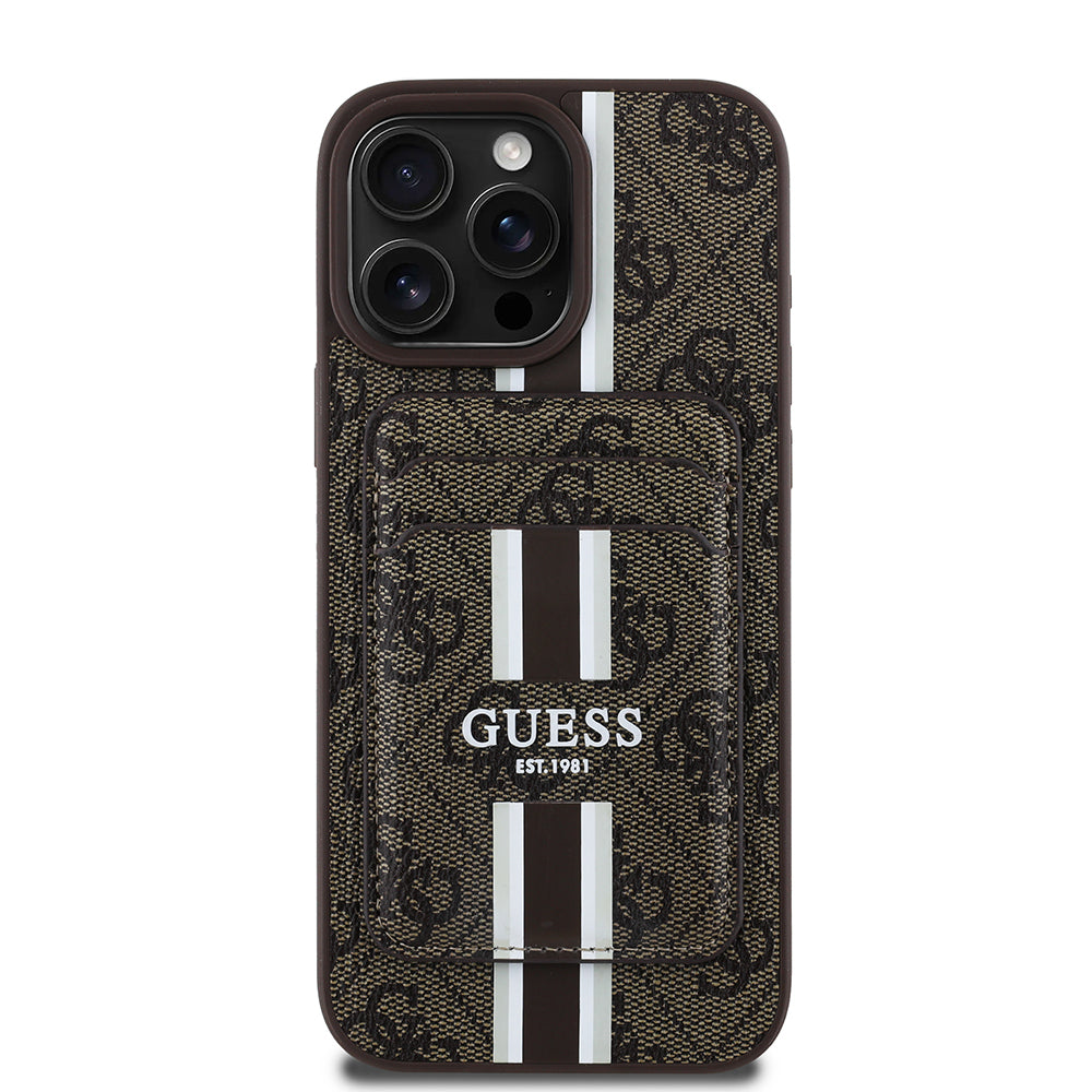 Apple iPhone 16 Pro Max Kılıf Guess Orjinal Lisanslı Magsafe Şarj Özellikli 4G Desenli Çizgili Kartlıklı Kapak Siyah