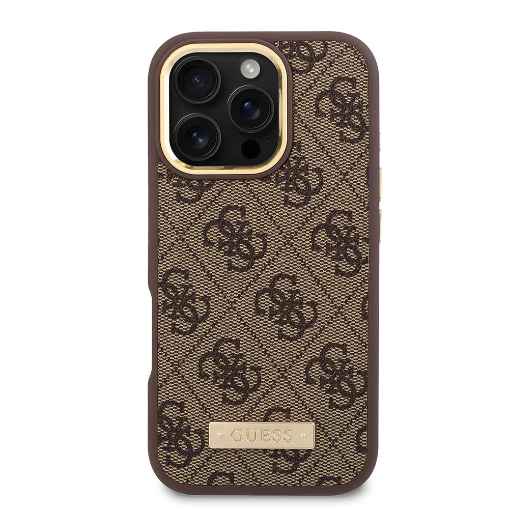 iPhone 16 Pro Max Kılıf Guess Orjinal Lisanslı M-safe Şarj Özellikli 4G Desenli PU Metal Plaka Klasik Logolu Kılıf