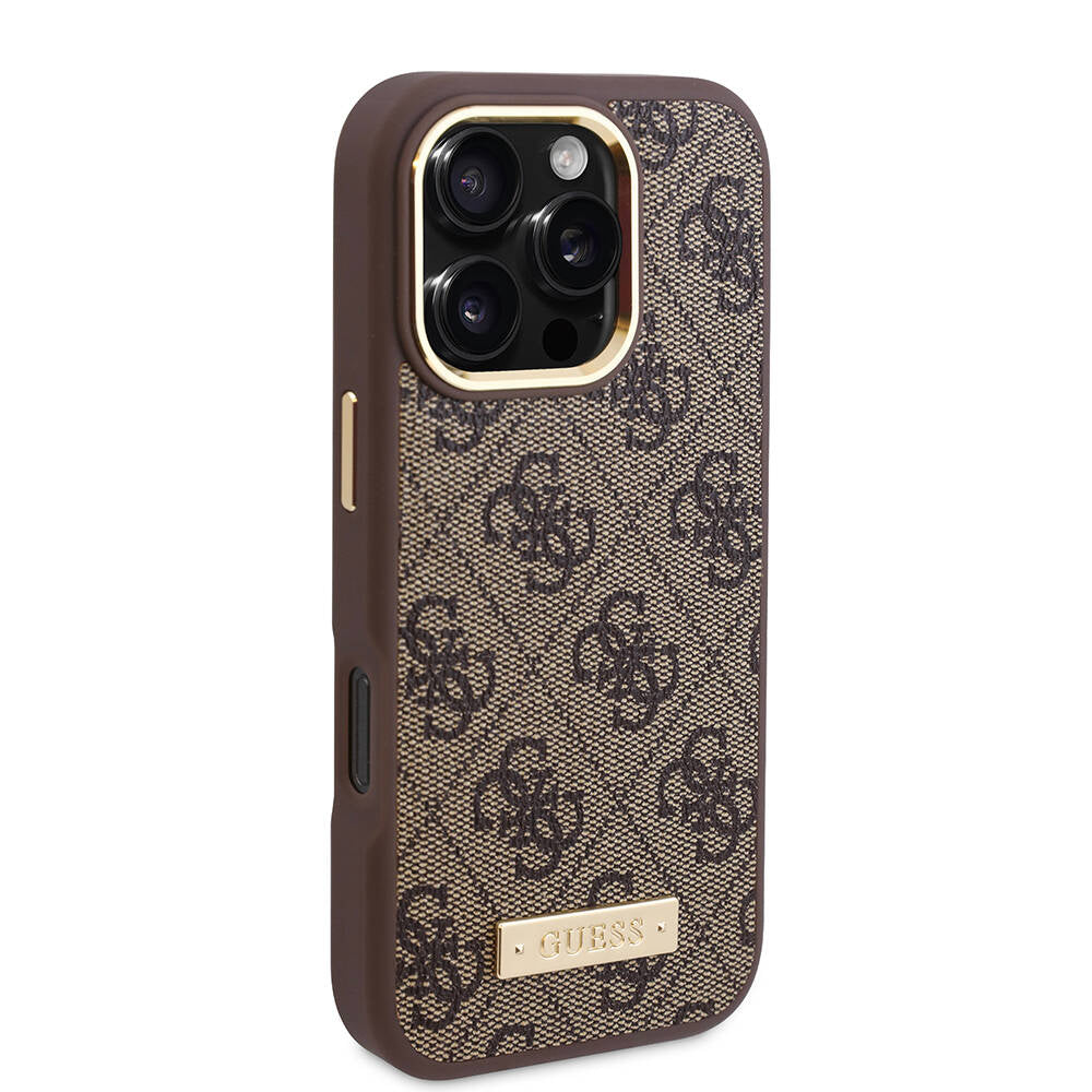 iPhone 16 Pro Max Kılıf Guess Orjinal Lisanslı M-safe Şarj Özellikli 4G Desenli PU Metal Plaka Klasik Logolu Kılıf