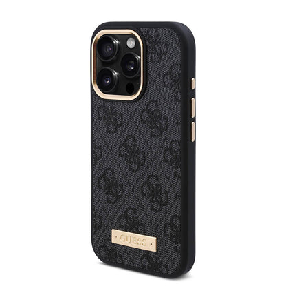 iPhone 16 Pro Max Kılıf Guess Orjinal Lisanslı M-safe Şarj Özellikli 4G Desenli PU Metal Plaka Klasik Logolu Kılıf