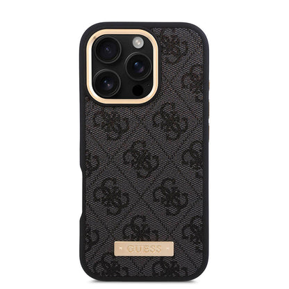 iPhone 16 Pro Max Kılıf Guess Orjinal Lisanslı M-safe Şarj Özellikli 4G Desenli PU Metal Plaka Klasik Logolu Kılıf