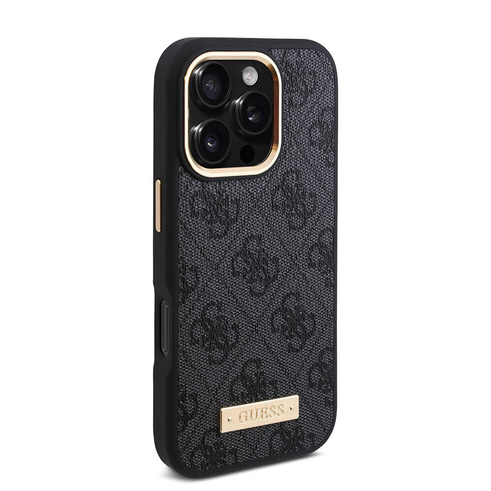 iPhone 16 Pro Max Kılıf Guess Orjinal Lisanslı M-safe Şarj Özellikli 4G Desenli PU Metal Plaka Klasik Logolu Kılıf