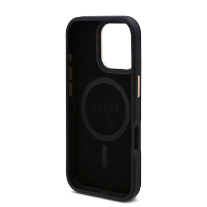 iPhone 16 Pro Max Kılıf Guess Orjinal Lisanslı M-safe Şarj Özellikli 4G Desenli PU Metal Plaka Klasik Logolu Kılıf