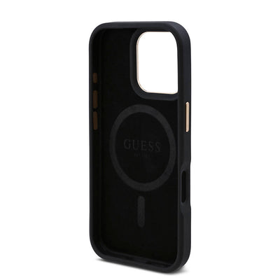 Apple iPhone 16 Pro Max Kılıf Guess Orjinal Lisanslı Magsafe Şarj Özellikli 4G Desenli PU Metal Plaka Klasik Logolu Kapak Kahverengi