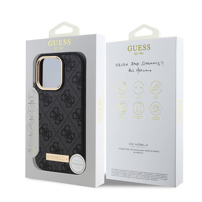 Apple iPhone 16 Pro Max Kılıf Guess Orjinal Lisanslı Magsafe Şarj Özellikli 4G Desenli PU Metal Plaka Klasik Logolu Kapak Pembe