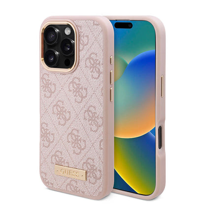 iPhone 16 Pro Max Kılıf Guess Orjinal Lisanslı M-safe Şarj Özellikli 4G Desenli PU Metal Plaka Klasik Logolu Kılıf