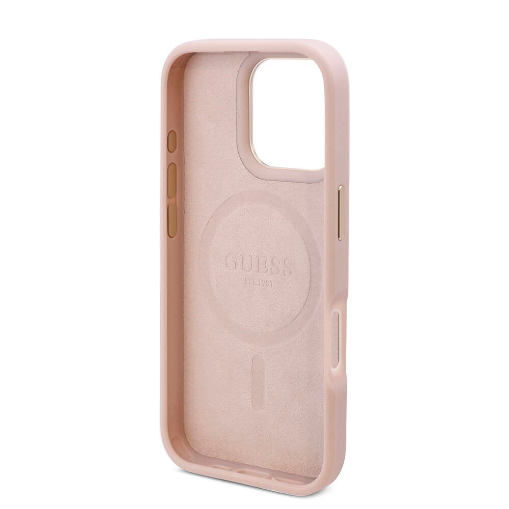 Apple iPhone 16 Pro Max Kılıf Guess Orjinal Lisanslı Magsafe Şarj Özellikli 4G Desenli PU Metal Plaka Klasik Logolu Kapak Kahverengi