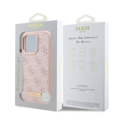 Apple iPhone 16 Pro Max Kılıf Guess Orjinal Lisanslı Magsafe Şarj Özellikli 4G Desenli PU Metal Plaka Klasik Logolu Kapak Pembe
