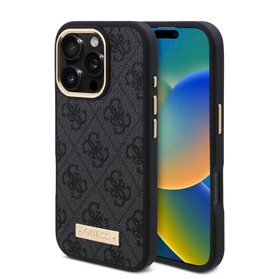 Apple iPhone 16 Pro Max Kılıf Guess Orjinal Lisanslı Magsafe Şarj Özellikli 4G Desenli PU Metal Plaka Klasik Logolu Kapak Pembe