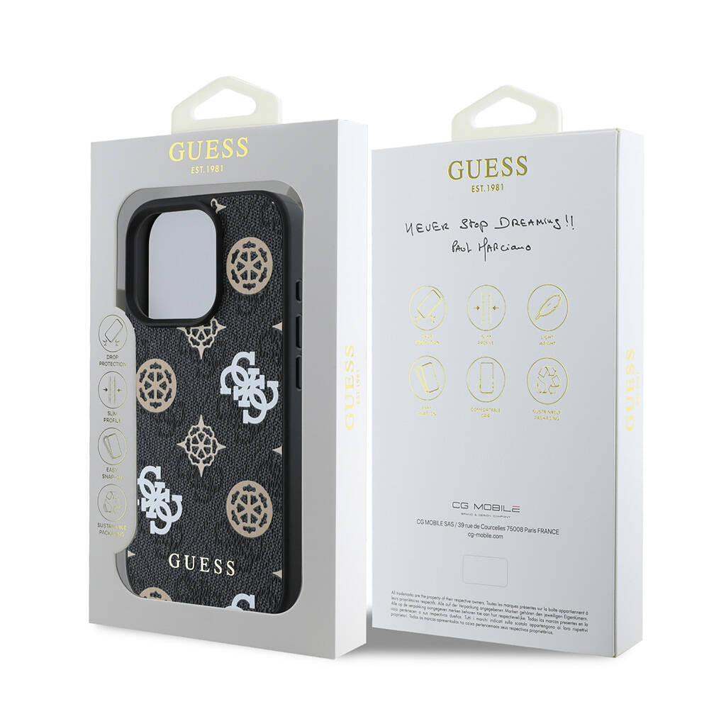 Apple iPhone 16 Pro Max Kılıf Guess Orjinal Lisanslı Magsafe Şarj Özellikli 4G Desenli Yazı Logolu Peony Kapak Kahverengi