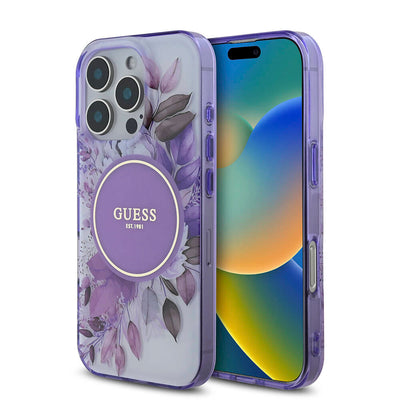 Apple iPhone 16 Pro Max Kılıf Guess Orjinal Lisanslı Magsafe Şarj Özellikli Flower Tonal Circle Kapak Mor