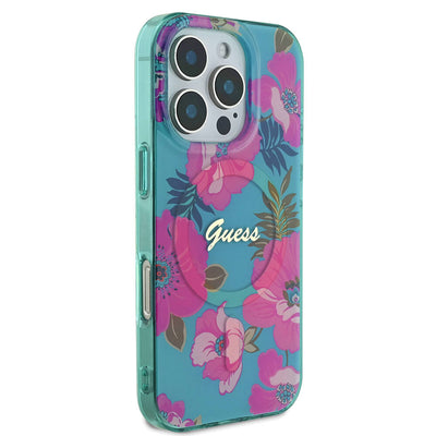 Apple iPhone 16 Pro Max Kılıf Guess Orjinal Lisanslı Magsafe Şarj Özellikli Flower Tone On Tone Ring Kapak Pembe