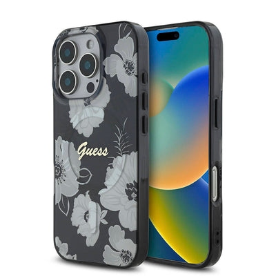 Apple iPhone 16 Pro Max Kılıf Guess Orjinal Lisanslı Magsafe Şarj Özellikli Flower Tone On Tone Ring Kapak Pembe