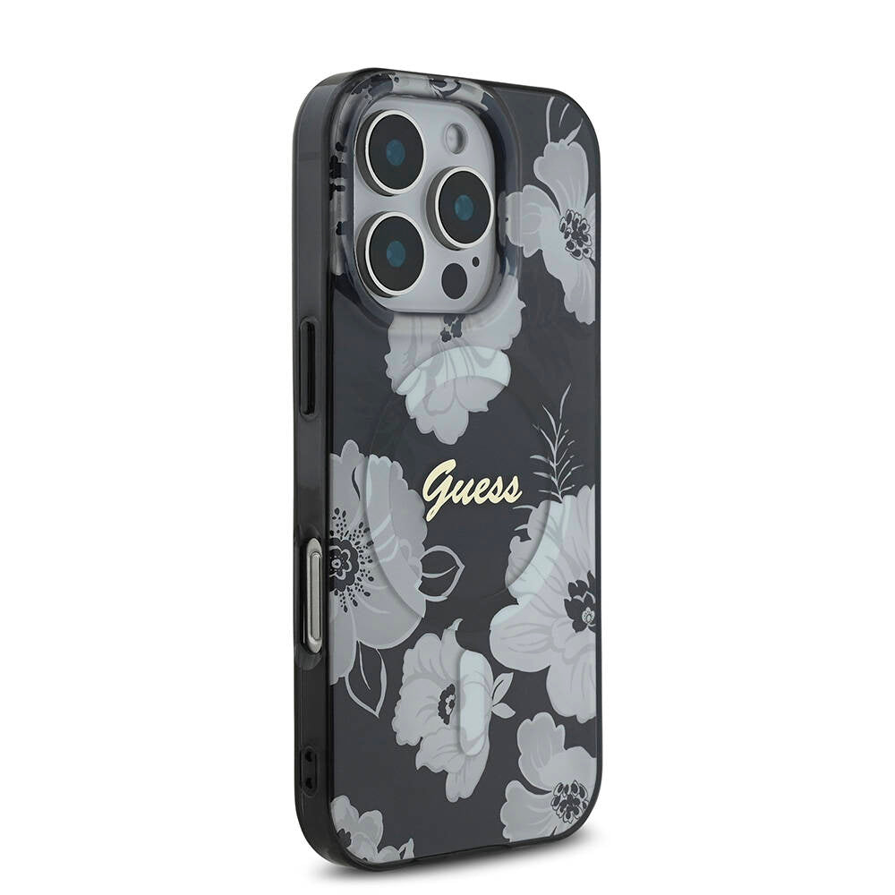 Apple iPhone 16 Pro Max Kılıf Guess Orjinal Lisanslı Magsafe Şarj Özellikli Flower Tone On Tone Ring Kapak Pembe