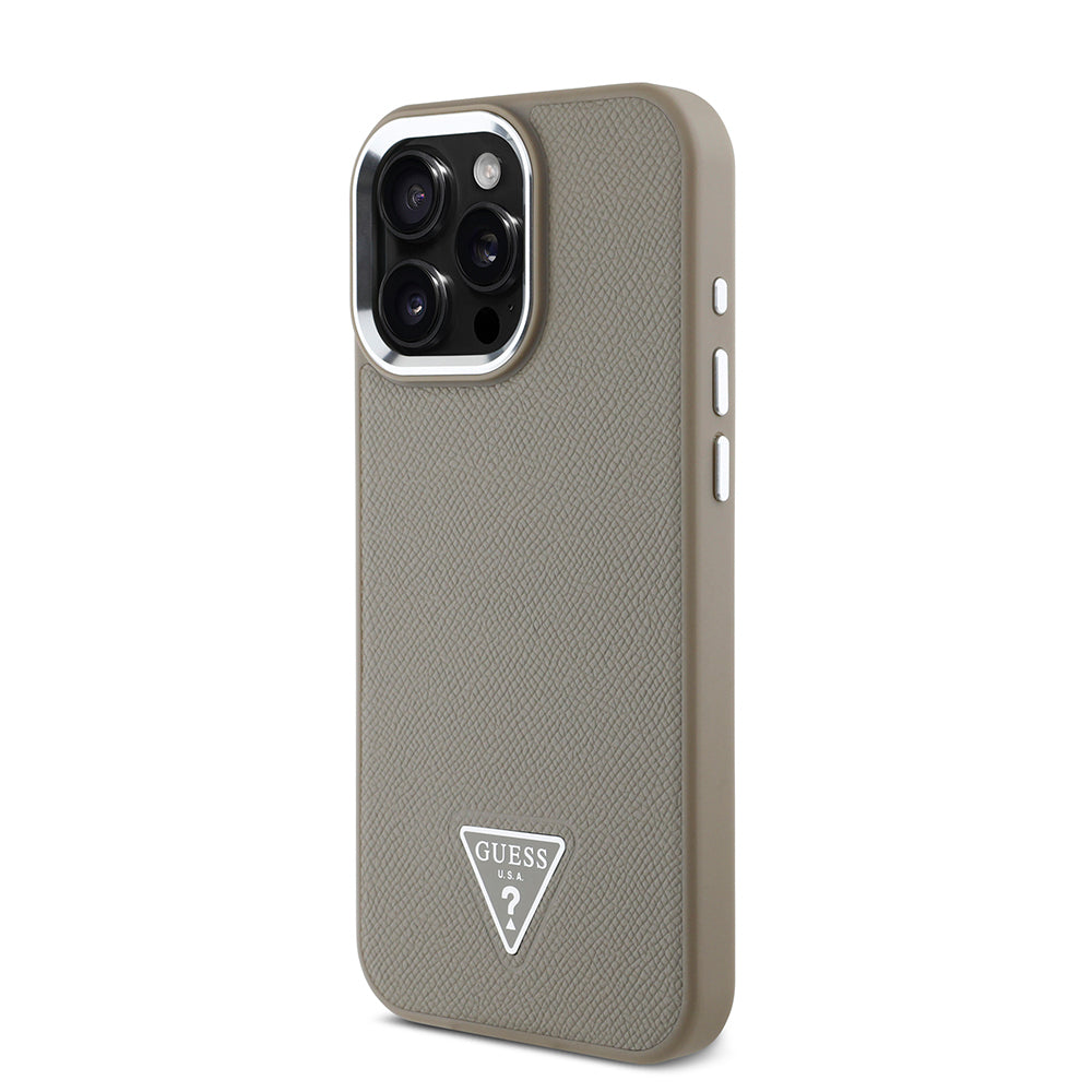 Apple iPhone 16 Pro Max Kılıf Guess Orjinal Lisanslı Magsafe Şarj Özellikli Grained Triangle Kapak Kahverengi