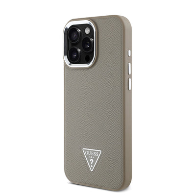 Apple iPhone 16 Pro Max Kılıf Guess Orjinal Lisanslı Magsafe Şarj Özellikli Grained Triangle Kapak Kahverengi