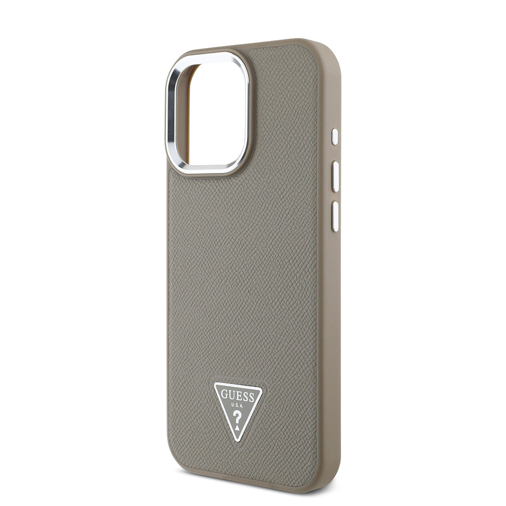 Apple iPhone 16 Pro Max Kılıf Guess Orjinal Lisanslı Magsafe Şarj Özellikli Grained Triangle Kapak Kahverengi