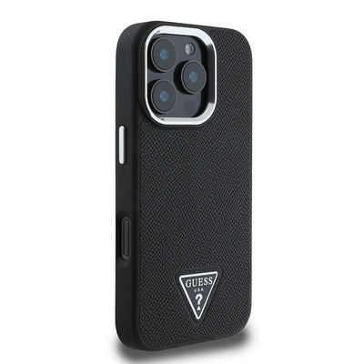 Apple iPhone 16 Pro Max Kılıf Guess Orjinal Lisanslı Magsafe Şarj Özellikli Grained Triangle Kapak Siyah