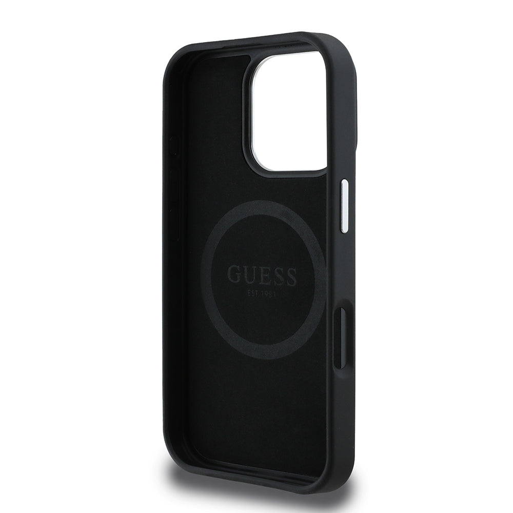 Apple iPhone 16 Pro Max Kılıf Guess Orjinal Lisanslı Magsafe Şarj Özellikli Grained Triangle Kapak Kahverengi