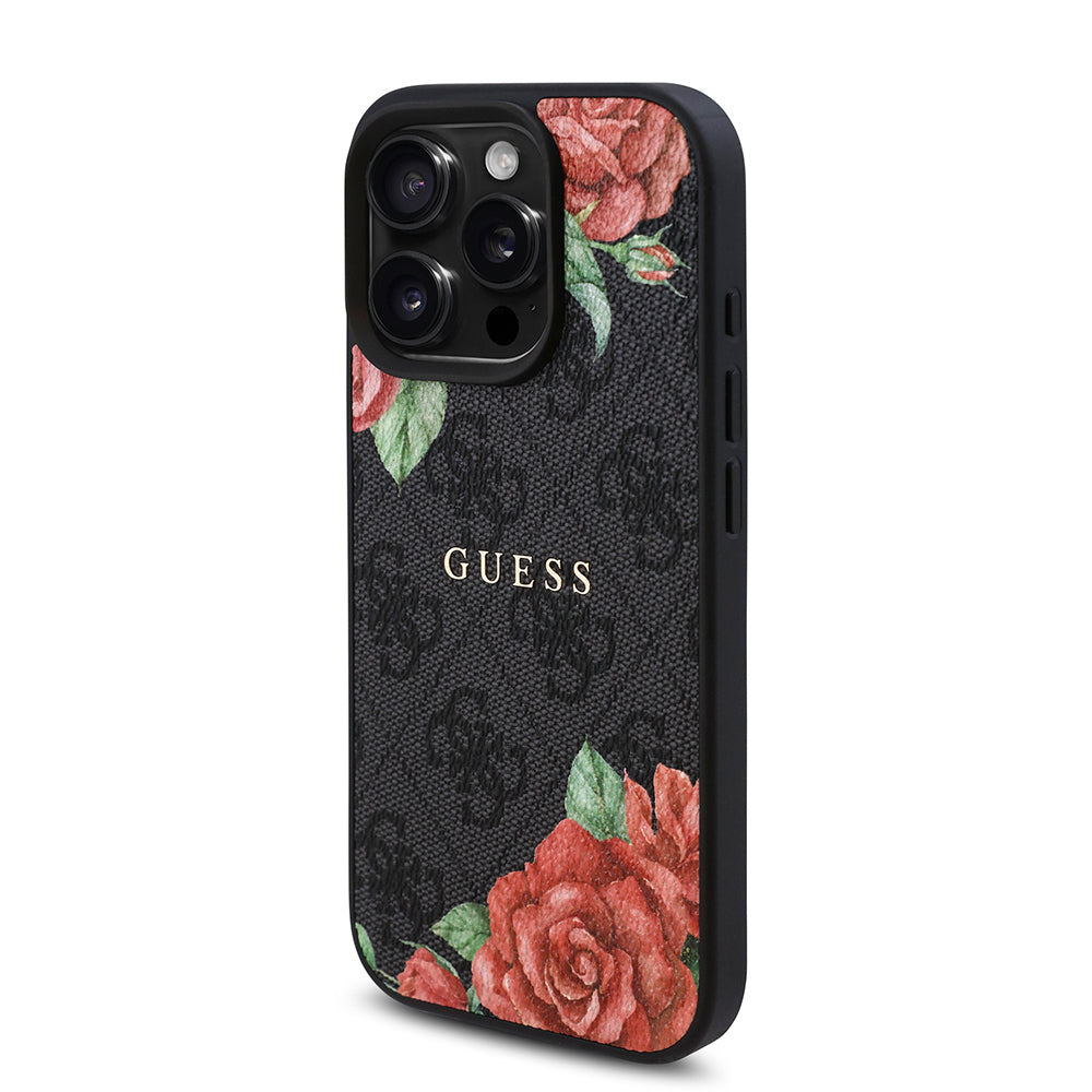 Apple iPhone 16 Pro Max Kılıf Guess Orjinal Lisanslı Magsafe Şarj Özellikli Gül Baskılı 4G Desenli Yazı Logolu Kapak Siyah