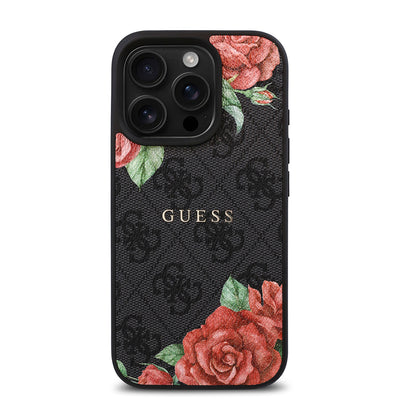 Apple iPhone 16 Pro Max Kılıf Guess Orjinal Lisanslı Magsafe Şarj Özellikli Gül Baskılı 4G Desenli Yazı Logolu Kapak Kahverengi