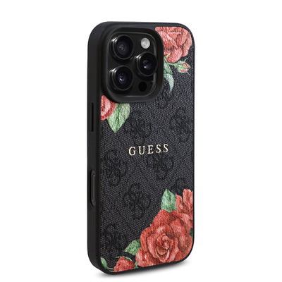 Apple iPhone 16 Pro Max Kılıf Guess Orjinal Lisanslı Magsafe Şarj Özellikli Gül Baskılı 4G Desenli Yazı Logolu Kapak Siyah