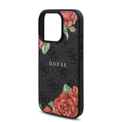 Apple iPhone 16 Pro Max Kılıf Guess Orjinal Lisanslı Magsafe Şarj Özellikli Gül Baskılı 4G Desenli Yazı Logolu Kapak Siyah