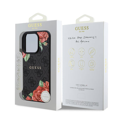 Apple iPhone 16 Pro Max Kılıf Guess Orjinal Lisanslı Magsafe Şarj Özellikli Gül Baskılı 4G Desenli Yazı Logolu Kapak Siyah