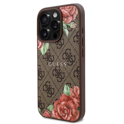 Apple iPhone 16 Pro Max Kılıf Guess Orjinal Lisanslı Magsafe Şarj Özellikli Gül Baskılı 4G Desenli Yazı Logolu Kapak Siyah