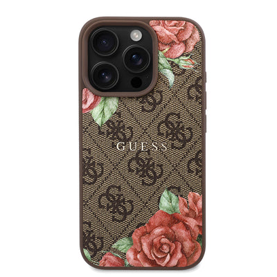 Apple iPhone 16 Pro Max Kılıf Guess Orjinal Lisanslı Magsafe Şarj Özellikli Gül Baskılı 4G Desenli Yazı Logolu Kapak Siyah