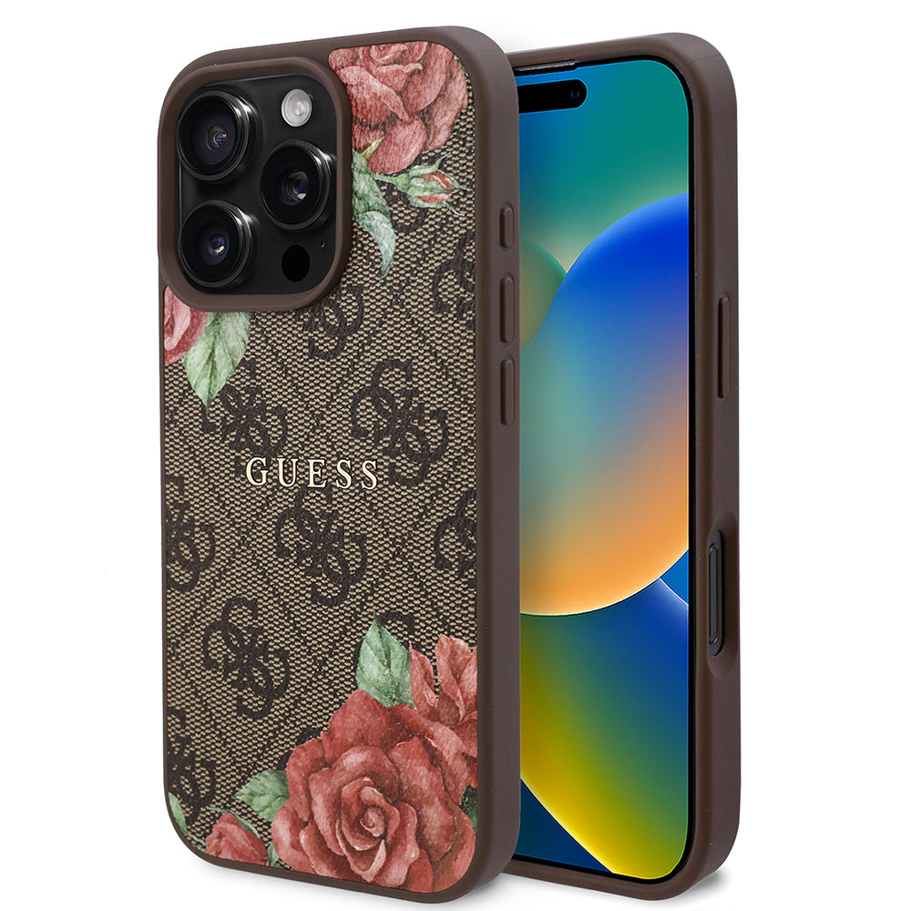 iPhone 16 Pro Max Kılıf Guess Orjinal Lisanslı M-safe Şarj Özellikli Gül Baskılı 4G Desenli Yazı Logolu Kılıf
