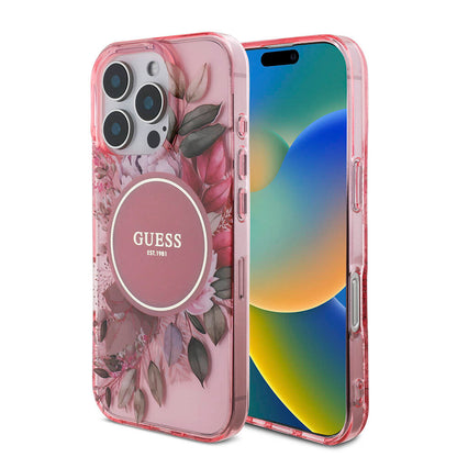 iPhone 16 Pro Max Kılıf Guess Orjinal Lisanslı M-safe Şarj Özellikli IML Baskılı Çiçek İnci Bileklikli Kılıf