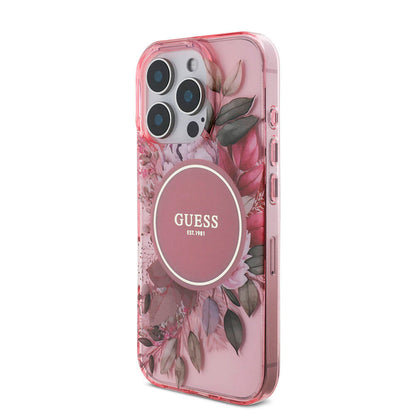 iPhone 16 Pro Max Kılıf Guess Orjinal Lisanslı M-safe Şarj Özellikli IML Baskılı Çiçek İnci Bileklikli Kılıf