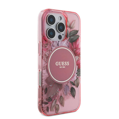 iPhone 16 Pro Max Kılıf Guess Orjinal Lisanslı M-safe Şarj Özellikli IML Baskılı Çiçek İnci Bileklikli Kılıf