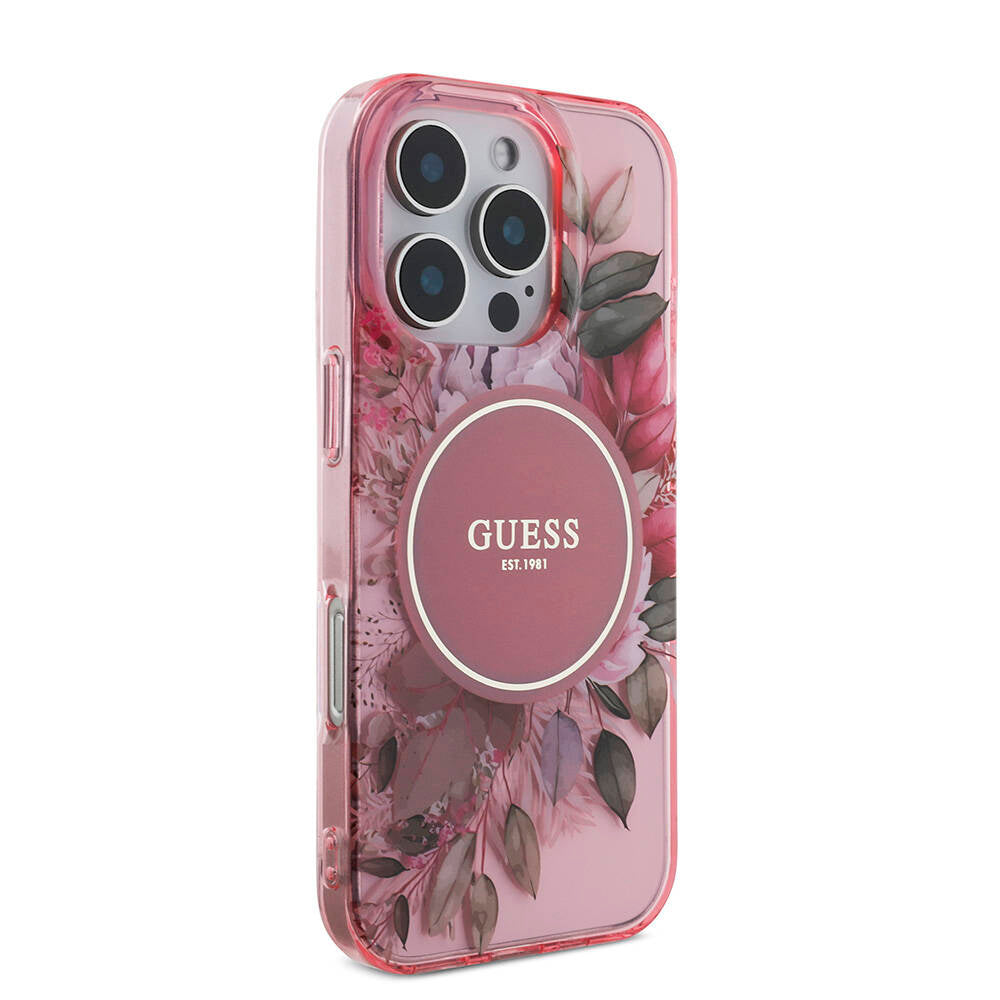 Apple iPhone 16 Pro Max Kılıf Guess Orjinal Lisanslı Magsafe Şarj Özellikli IML Baskılı Çiçek İnci Bileklikli Kapak Yeşil