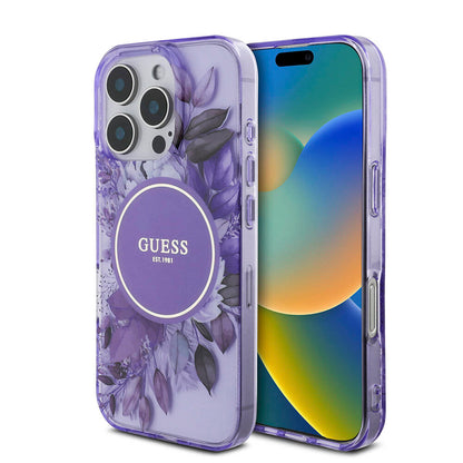iPhone 16 Pro Max Kılıf Guess Orjinal Lisanslı M-safe Şarj Özellikli IML Baskılı Çiçek İnci Bileklikli Kılıf