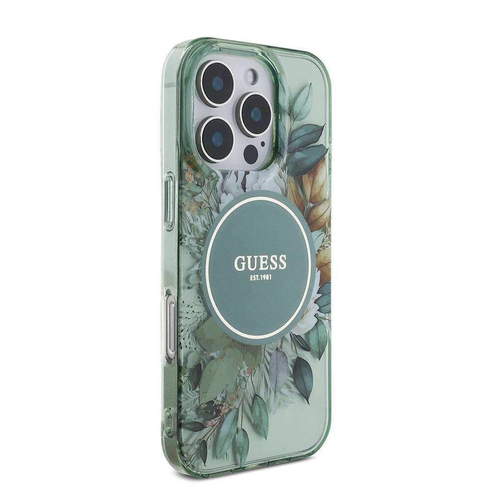 iPhone 16 Pro Max Kılıf Guess Orjinal Lisanslı M-safe Şarj Özellikli IML Baskılı Çiçek İnci Bileklikli Kılıf