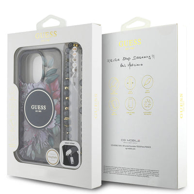 Apple iPhone 16 Pro Max Kılıf Guess Orjinal Lisanslı Magsafe Şarj Özellikli IML Baskılı Çiçek İnci Bileklikli Kapak Mor