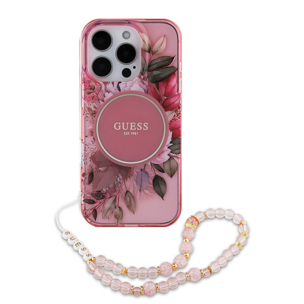 iPhone 16 Pro Max Kılıf Guess Orjinal Lisanslı M-safe Şarj Özellikli IML Baskılı Çiçek İnci Bileklikli Kılıf